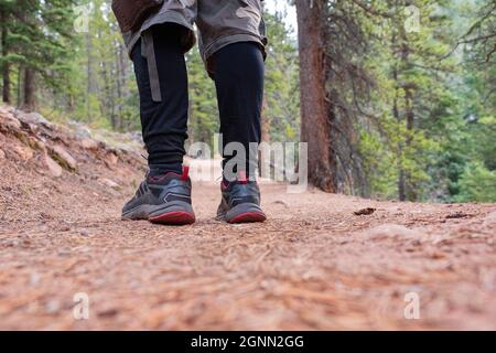 Des jambes sur un sentier de randonnée dans le parc national de Staunton, Colorado, États-Unis Banque D'Images