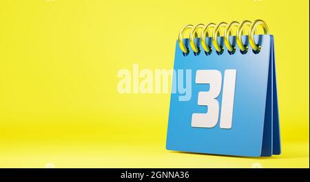 Calendrier de bureau par rapport au dernier jour numéro d'année 31, mois debout bleu ligne de bureau de printemps calendrier et date sur fond jaune, élément de conception pour Banque D'Images