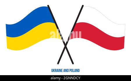 Ukraine et Pologne drapeaux croisés et ondulant le style plat. Proportion officielle. Corriger les couleurs. Illustration de Vecteur