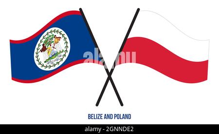 Belize et Pologne drapeaux croisés et ondulant le style plat. Proportion officielle. Corriger les couleurs. Illustration de Vecteur