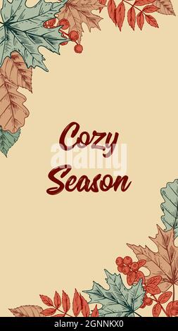 Motif vertical coloré d'automne avec feuilles et baies. Illustration vectorielle dessinée à la main. Saison confortable Illustration de Vecteur