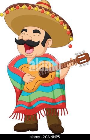 Homme de dessin animé mexicain jouant de la guitare et chantant Illustration de Vecteur