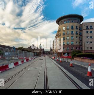 Construction des nouvelles lignes de tramway entre le centre-ville d'Édimbourg et Newhaven, Edimbourg, Écosse, Royaume-Uni Banque D'Images