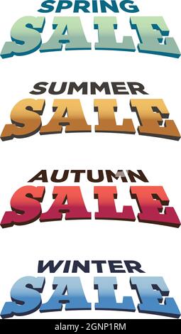 Quatre modèles typographiques de vente saisonnière de printemps, d'été, d'automne et d'hiver. Badge de promotion pour un motif saisonnier. Illustration vectorielle. Illustration de Vecteur