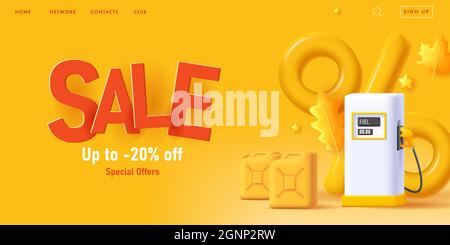 Bannière de vente pour station-service avec équipement gpl et réservoirs de carburant avec panneau de pourcentage de porcs et feuilles d'automne saisonnières Illustration de Vecteur