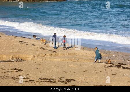 Portreath,Cornouailles,27 septembre 2021, les gens étaient dehors pour une promenade en petit matin en chien ou pour faire du jogging sur la plage à marée haute à Portreath,Cornouailles. Le parking était étrangement vide car depuis mai, il y avait beaucoup de vacanciers. Le ciel était bleu avec le soleil glorieux malgré les prévisions de temps instable pour les prochains jours.Credit: Keith Larby/Alamy Live News Banque D'Images