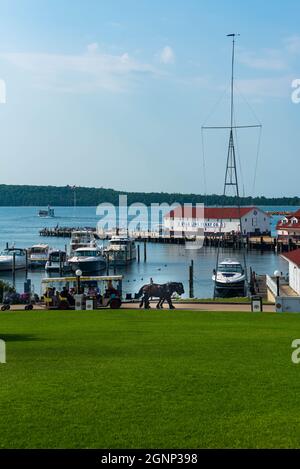 Mackinaw Island, MI - 14 juillet 2021 : cheval et buggy avec marina sur Mackinaw Island MI le 14 juillet 2021. Banque D'Images