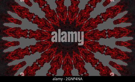 Rouge foncé sur kaléidoscope gris, volets en bois anciens peints en rouge antique et motifs de kaléidoscope hexagonaux sur un dos noir Banque D'Images