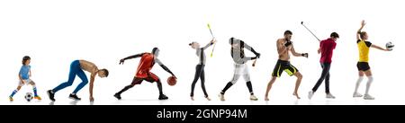 Collage sportif. Les sportifs d'âges mixtes, le tennis, le football, les joueurs de basket-ball en action isolés sur fond blanc de studio. Banque D'Images