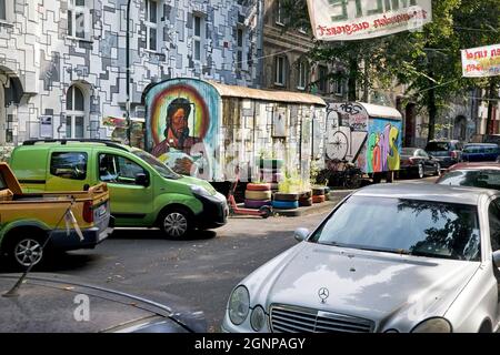 Kiefernstrasse, route résidentielle de la culture alternative avec art de rue sur les revêtements, Allemagne, Rhénanie-du-Nord-Westphalie, Basse-Rhin, Banque D'Images