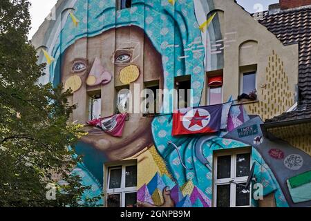 Kiefernstrasse, route résidentielle de la culture alternative avec art de rue sur les revêtements, Allemagne, Rhénanie-du-Nord-Westphalie, Basse-Rhin, Banque D'Images