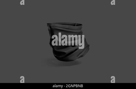 Maquette de soufflet noir vierge à col, demi-tour de vue, sans gravité, rendu 3d. Arceau ou bandana vide, arrière-plan sombre. Clear Breath pro Banque D'Images