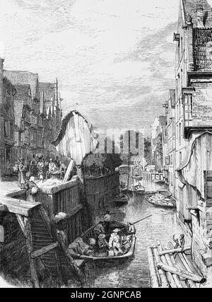 Canal de ville 'Holländischer Brook' ou 'Dutch Brook' vu de l'est, ville libre et hanséatique de Hambourg, Allemagne du Nord, illustration historique 1880, Banque D'Images