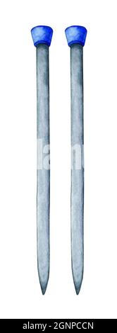 Illustration aquarelle des aiguilles à tricoter en métal à embout bleu. Outil pour tricoter les vêtements. Travail du besoin, tricotage, passe-temps fait main, créativité, needlewo Banque D'Images