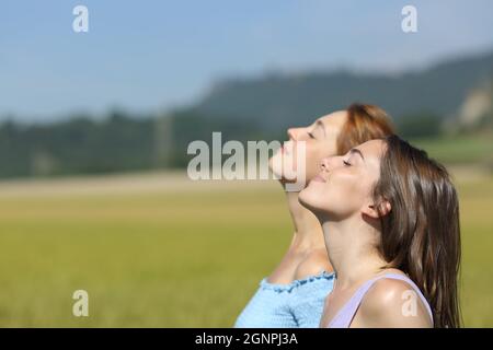 Vue latérale portrait de deux femmes qui respirent de l'air frais dans un champ de blé Banque D'Images