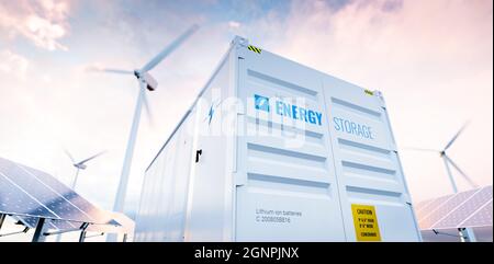 Image conceptuelle d'un système moderne de stockage d'énergie par batterie avec des éoliennes et des centrales solaires en arrière-plan. rendu 3d Banque D'Images