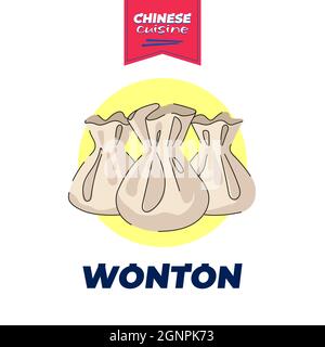 Cuisine chinoise, concept de bannière wonton.Chinois plat national dim sum boulettes cuites à la vapeur.Illustration d'art dessiné à la main pour le vecteur alimentaire asiatique pour la publicité orientale d'un café ou d'un restaurant Illustration de Vecteur
