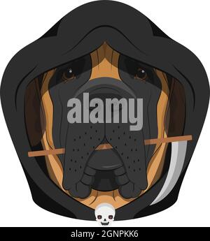 Carte de voeux pour Halloween. Chien de mastiff anglais habillé de capot noir et d'un petit scythe dans la bouche Illustration de Vecteur
