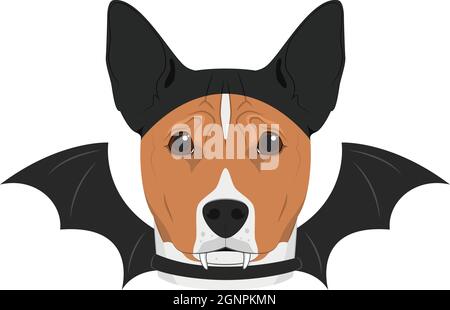 Carte de voeux pour Halloween. Chien Basenji habillé comme une chauve-souris avec des oreilles et des ailes noires Illustration de Vecteur