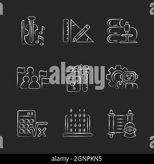 Différents types de sujets d'école craie icônes blanches sur fond sombre Illustration de Vecteur