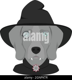 Carte de voeux pour Halloween. Chien Weimaraner habillé comme un vampire avec des fangs, un monocle, un cap et un chapeau noir Illustration de Vecteur