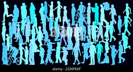 Arrière-plan avec silhouettes de personnes dans différentes poses. Foule. Illustration vectorielle. Illustration de Vecteur