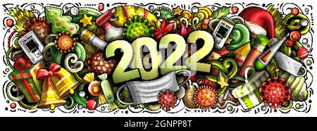 2022 dessin animé de jolis gribouillis nouvel an et illustration du coronavirus. Illustration de Vecteur