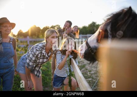 Petite fille avec mère nourrissant le cheval à l'extérieur à la ferme communautaire. Banque D'Images