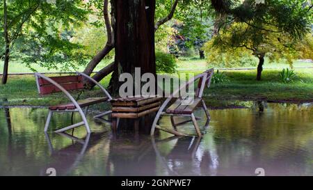 Deux bancs vides humides et une table dans un parc inondé à l'ombre des arbres. Espace de loisirs en été. Après de fortes pluies, le parc est inondé. Banque D'Images