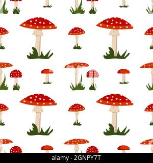 Motif sans couture avec champignons amanita, chapeau rouge, pois blancs et herbe. Imprimé mouche agarique brillant Illustration de Vecteur