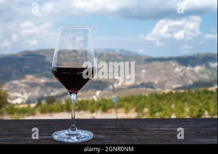 Industrie viticole de l'île de Chypre, dégustation de vin rouge sec sur un domaine viticole avec vue sur les vignobles et les pentes sud de la chaîne de montagnes de Troodos en journée ensoleillée Banque D'Images