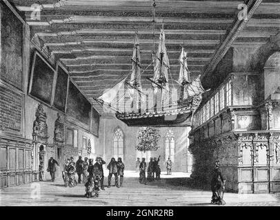 Chambre Councel dans l'hôtel de ville de Brême, avec un voilier modèle suspendu au plafond, Brême, Allemagne du Nord, illustration historique 1880, Banque D'Images