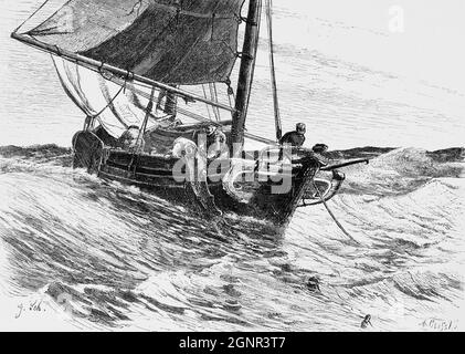 Pêcheurs dans leur bateau plus léger dans les eaux agitées de la mer du Nord, Frise orientale, Basse-Saxe, Allemagne du Nord, illustration historique 1880, Banque D'Images