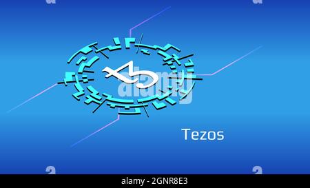 Symbole de jeton isométrique Tezos XTZ dans un cercle numérique sur fond bleu. Icône de pièce de crypto-monnaie. Illustration vectorielle. Illustration de Vecteur