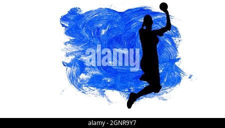 Silhouette de la joueuse de handball féminine contre les coups de pinceau bleus sur fond blanc Banque D'Images