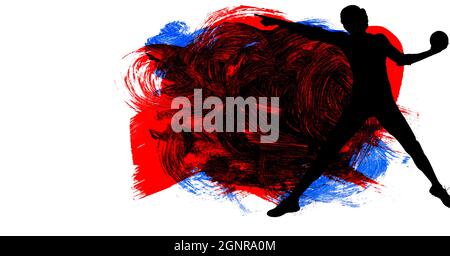 Silhouette de la joueuse de handball féminine contre les coups de pinceau rouges, bleus et noirs Banque D'Images