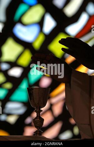 Église notre Dame de Plaimpalais. Masse catholique. Célébration eucharistique. France. Banque D'Images