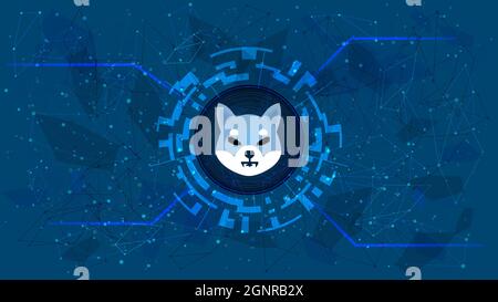 Shiba Inu SHIB symbole jeton du projet defi dans un cercle numérique avec un thème crypto-monnaie sur fond bleu. Icône crypto-monnaie. Decentraliz Illustration de Vecteur