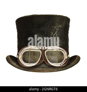 Chapeau de gentleman noir antique de steampunk avec lunettes isolées sur fond blanc Banque D'Images