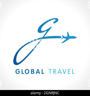 G entreprise de tourisme logotype concept. Alphabet naviguer g signe avec les compagnies aériennes et avion à réaction, vol à bas coût ou marque logistique, global Voyage lowcoster lo Illustration de Vecteur