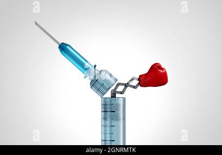 Le vaccin et le pouvoir de vaccination comme concept médical comme gant de poinçonnage émergent d'une aiguille comme symbole de défense immunitaire et de médicament préventif. Banque D'Images