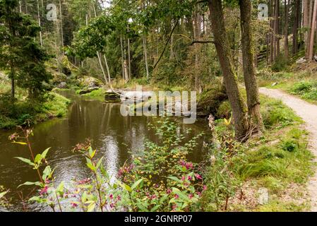 Des formations rocheuses spectaculaires le long de la rivière Waldnaab, qui se déplace lentement, sont typiques de la vallée de Waldnaab en Bavière. Banque D'Images