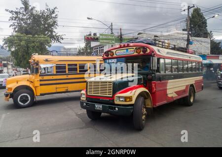 QUETZALTENANGO, GUATEMALA - 21 MARS 2016 : bus de poulet colorés, anciens bus scolaires américains, trajet dans la ville de Quetzaltenango Banque D'Images