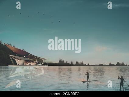 illustration tridimensionnelle d'une résidence le long de la mer et d'un homme qui glisse Banque D'Images