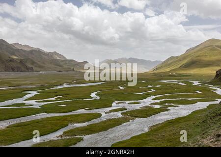 Vallée de montagne verdoyante et inondée Banque D'Images