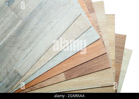 Échantillons de vinyle et de linoléum sur fond blanc isolé. Vinyle pour les planchers avec texture et motif de grain de bois. Photo de haute qualité Banque D'Images