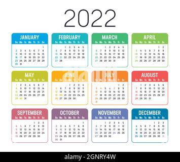 Calendrier coloré de l'année 2022, isolé sur fond blanc. Modèle vectoriel. Illustration de Vecteur