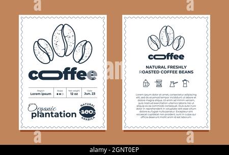 Ensemble de modèles d'étiquettes d'emballage pour café. Étiquette ou autocollant biologique graphique de plantation moderne pour la marque, le logo, l'emballage. Illustration du vecteur eps pour ara Illustration de Vecteur