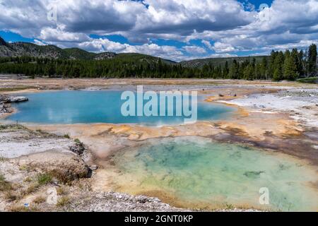 Les sources chaudes colorées de la zone thermale de Biscuit Basin du parc national de Yellowstone Banque D'Images