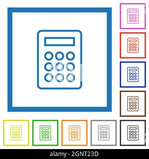 Calculatrice contour des icônes de couleur plate dans des cadres carrés sur fond blanc Illustration de Vecteur
